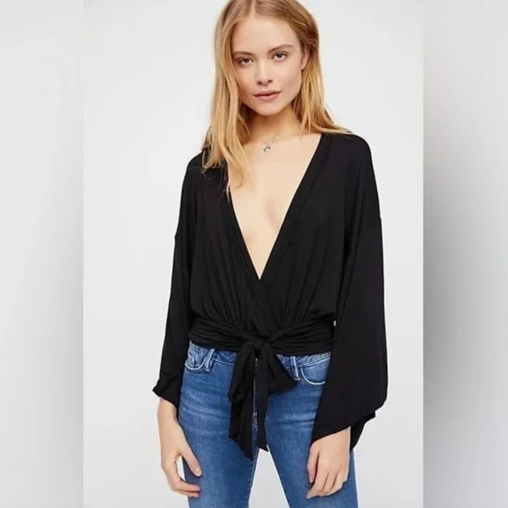 Free People Thats a Wrap Top Bell Sleeve Crop Top Bell Sleeve Knit Shirt Black